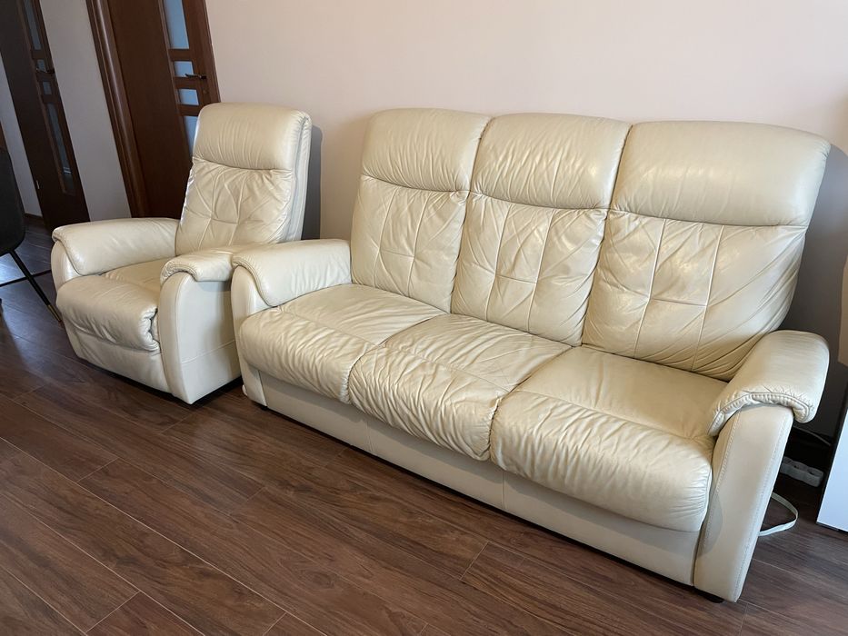 Komplet skórzany: Fotel rozkładany relax i sofa z funkcją spania