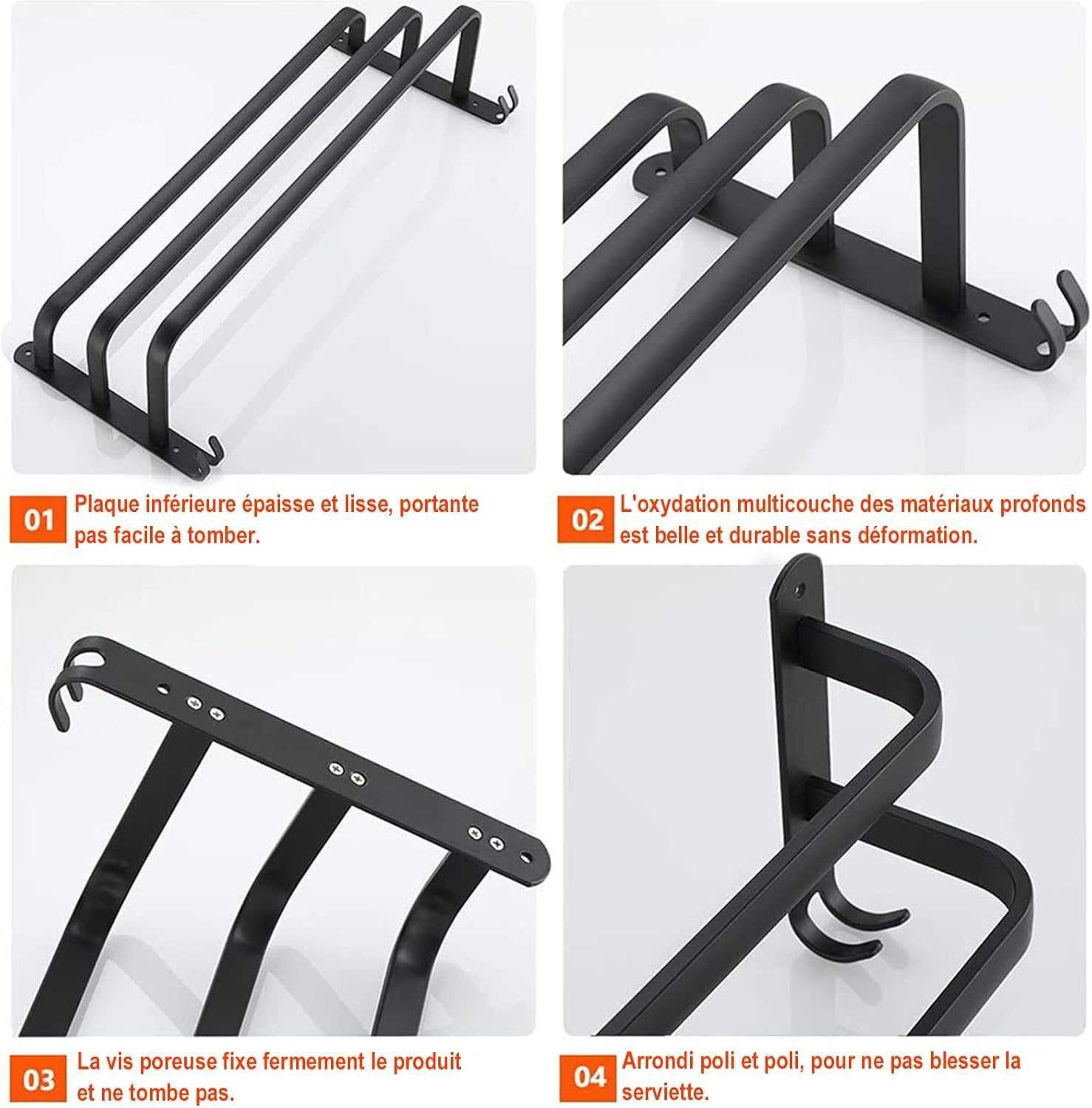 Wieszak na ręczniki 60cm 3 belki + wieszaki Aluminium Czarny bez wierc