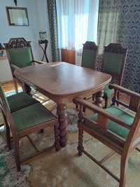 Stół rozkładany, dębowy , 2 fotele 4 krzesła