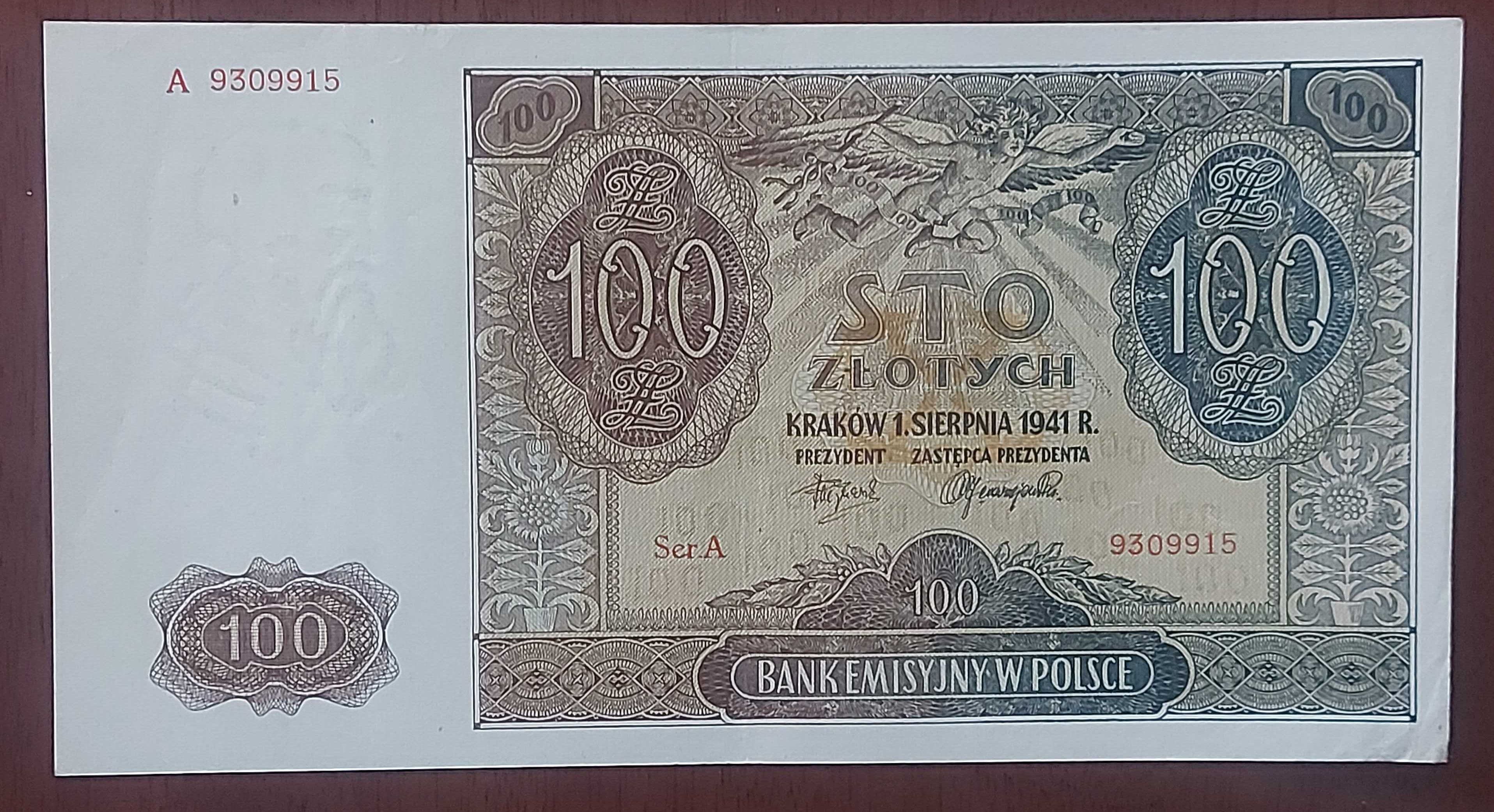 Banknot 100 złotych, emisja z datą 1941 rok.