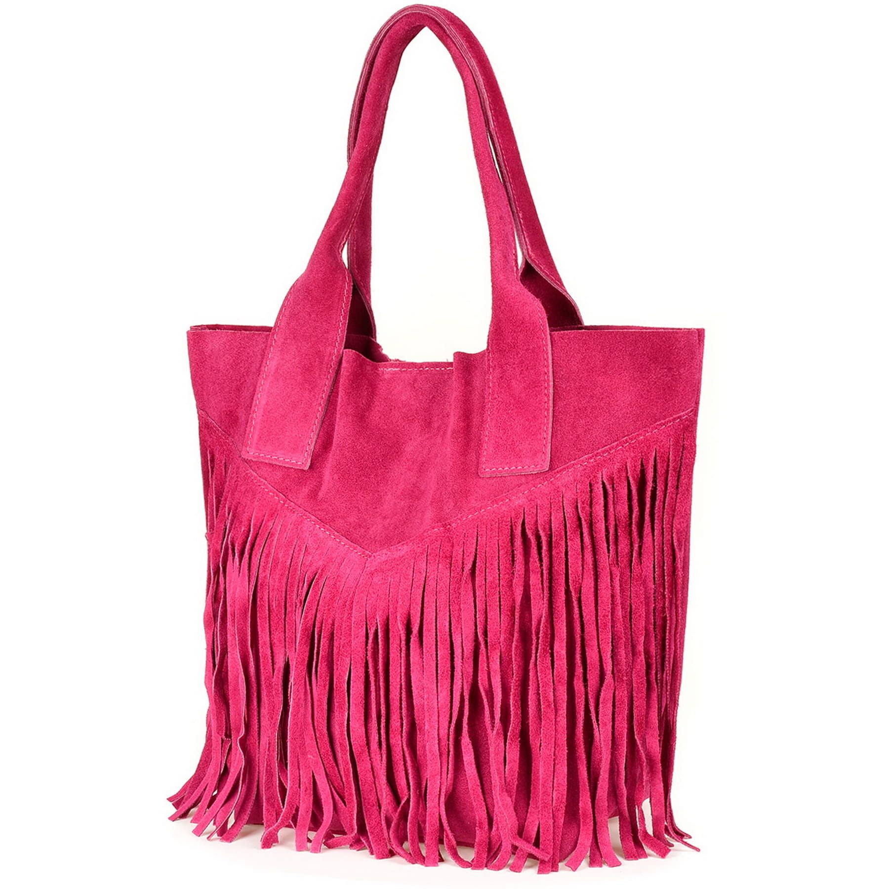 VERA PELLE torebka zamszowa shopper boho z frędzlami V007 fuksja