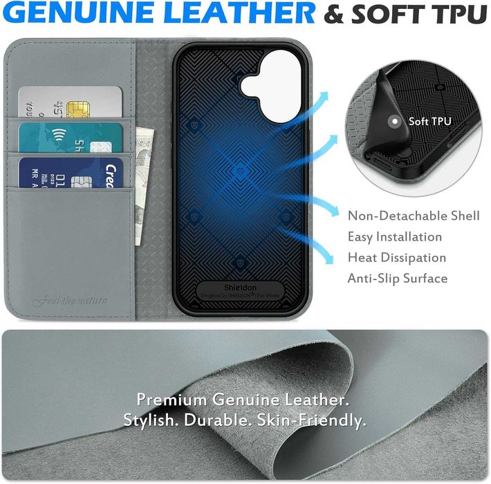 Shieldon naturalne etui skórzane z klapką iPhone 16 portfel RFID szare