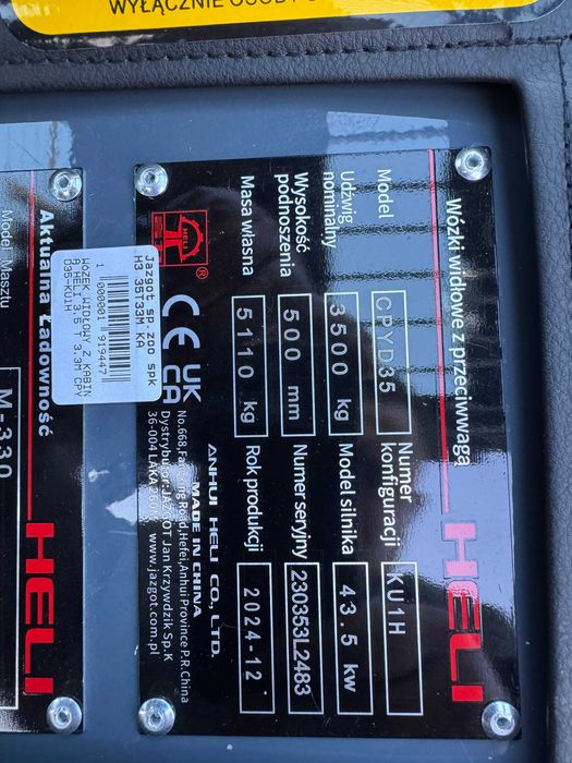 Wózek Widłowy Spalinowy Heli 3,5T Maszt 3,3 Dupex Silnik Kubota LPG