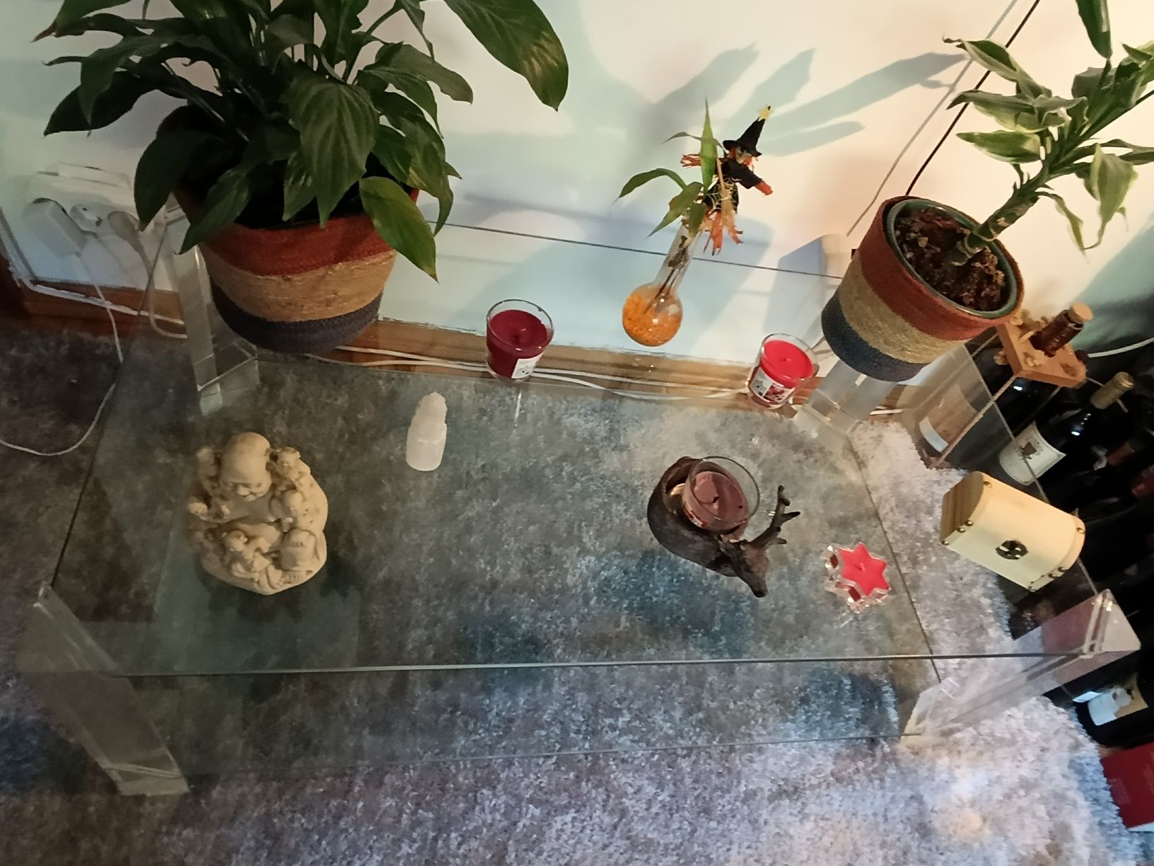 mesa de centro tampo duplo em vidro cristal com 1,10 kargurax,0,40 alt