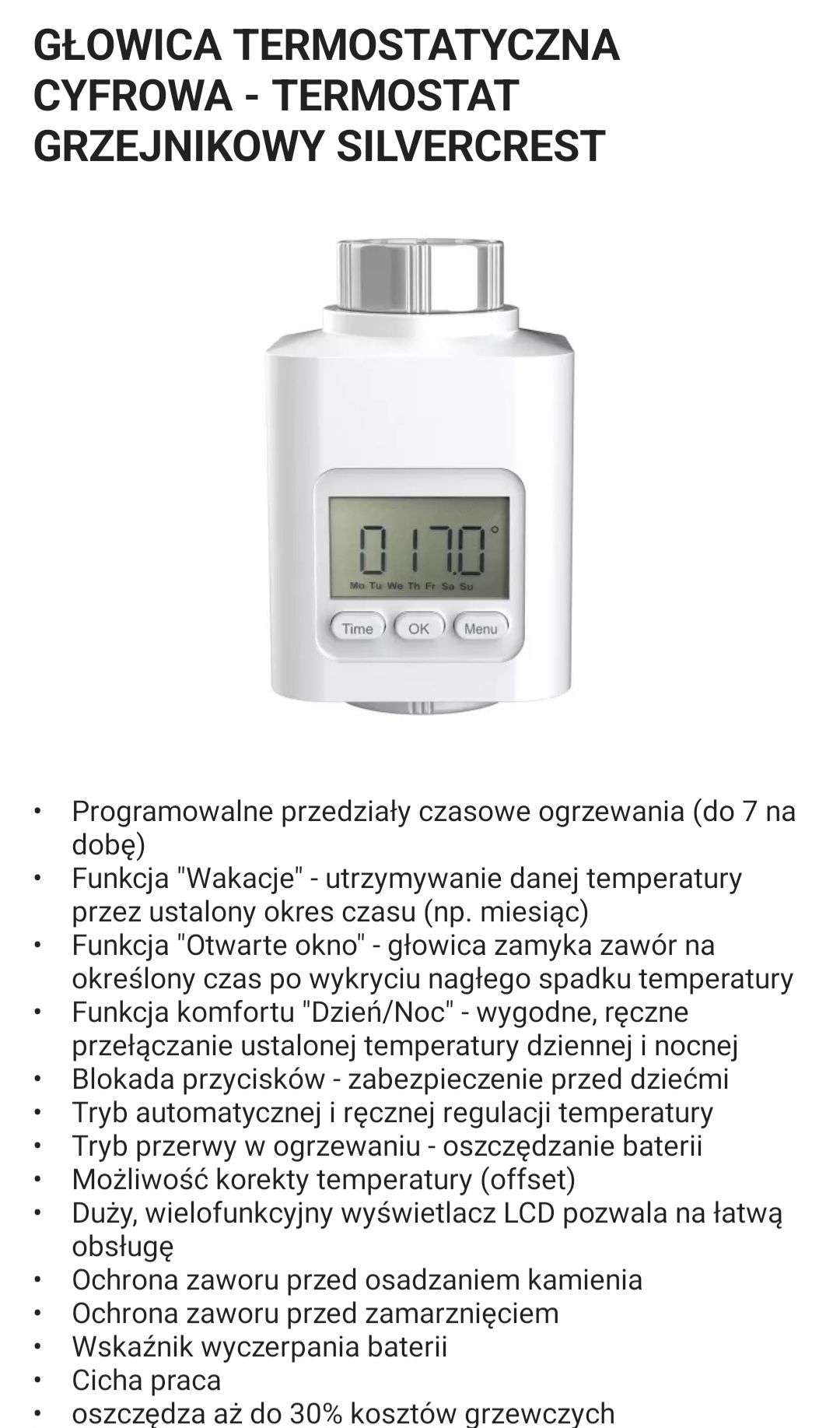 Głowica Termostatyczna Cyfrowa, Termostatyczna grzejnikowy SILVERCREST