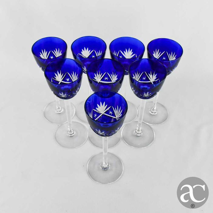 Conjunto de 8 Cálices Cristal Doublé, Cristal da Bohemia, azul-cobalto