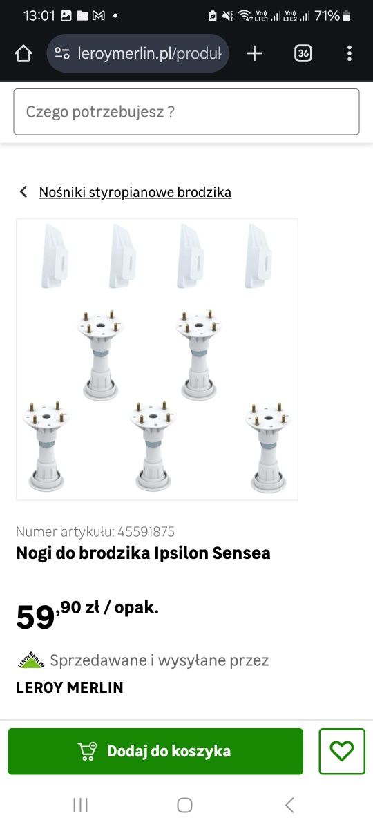 Zestaw: Brodzik 90x90 nowy sensea 1/4 koła plus syfon i nóżki