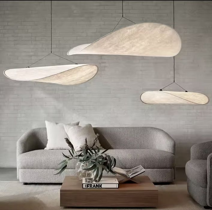 Lampa wisząca materiałowa nowoczesna japandi lniana żyrandol westwing
