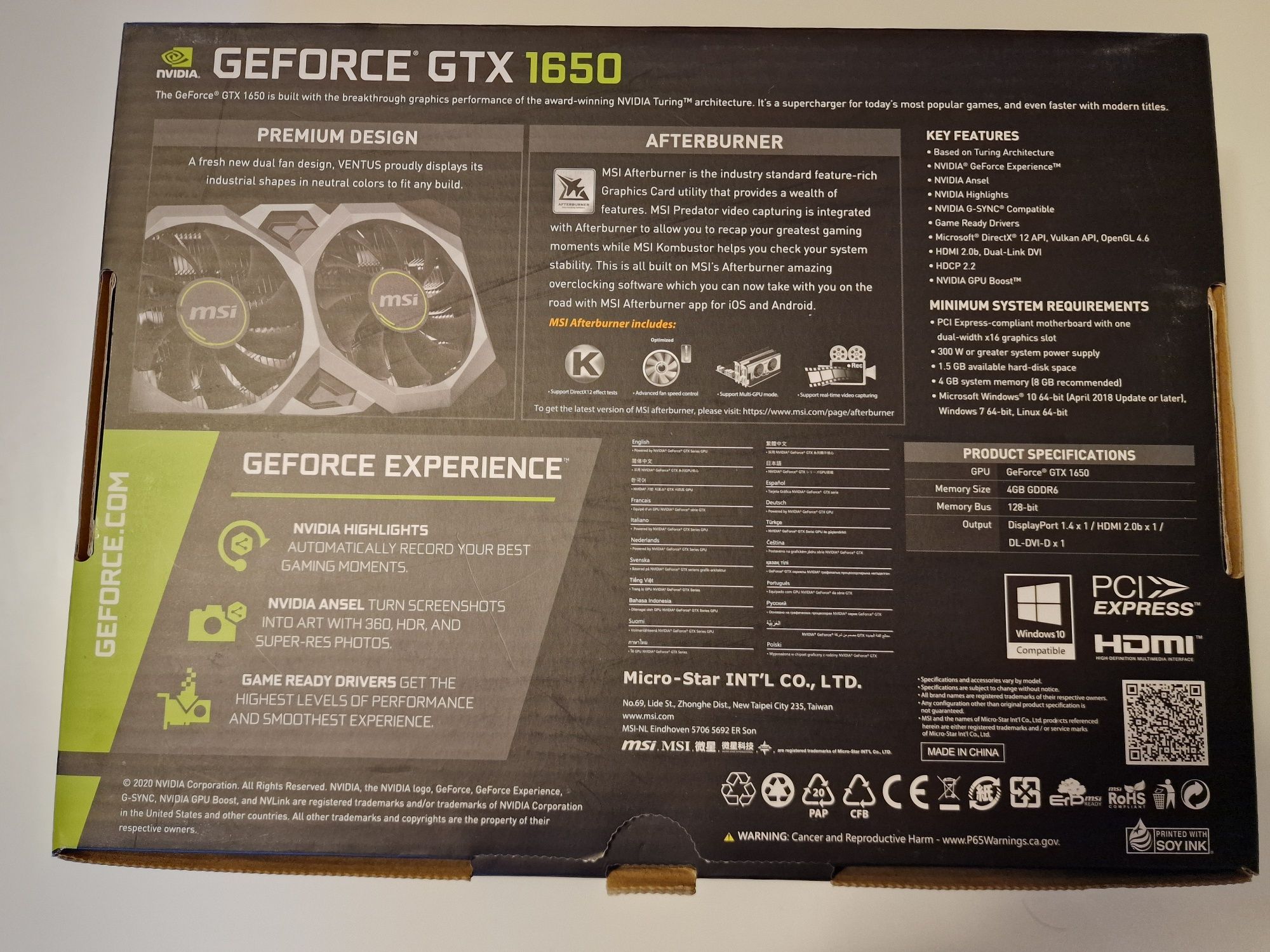 GTX GeForce 1650 MSI 4gb GDDR6 ventus xs