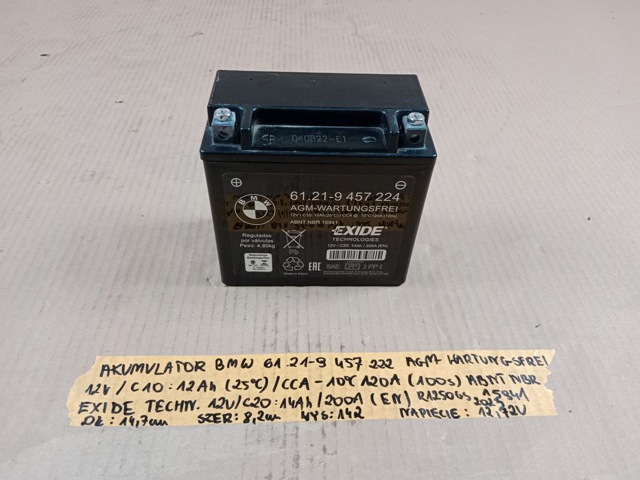 Akumulator Motocyklowy BMW Oryginalny AGM EXIDE 12V / C10 12Ah 120A