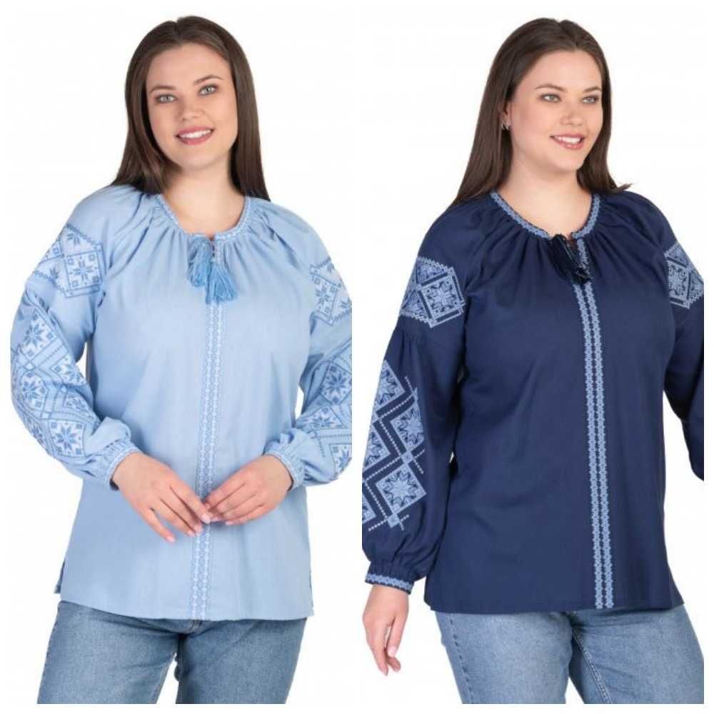 Жіноча блакитна лляна вишиванка, розміри S, M, L, XL, 2XL, 3XL