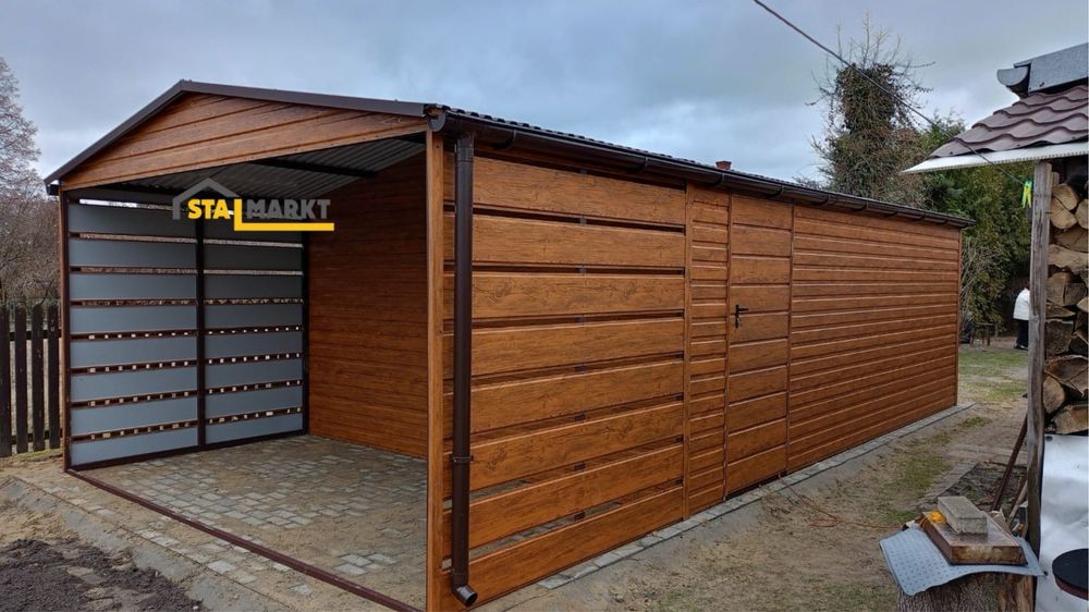Garaż blaszany 6x6 m – orzech mat –montaż w cenie!
