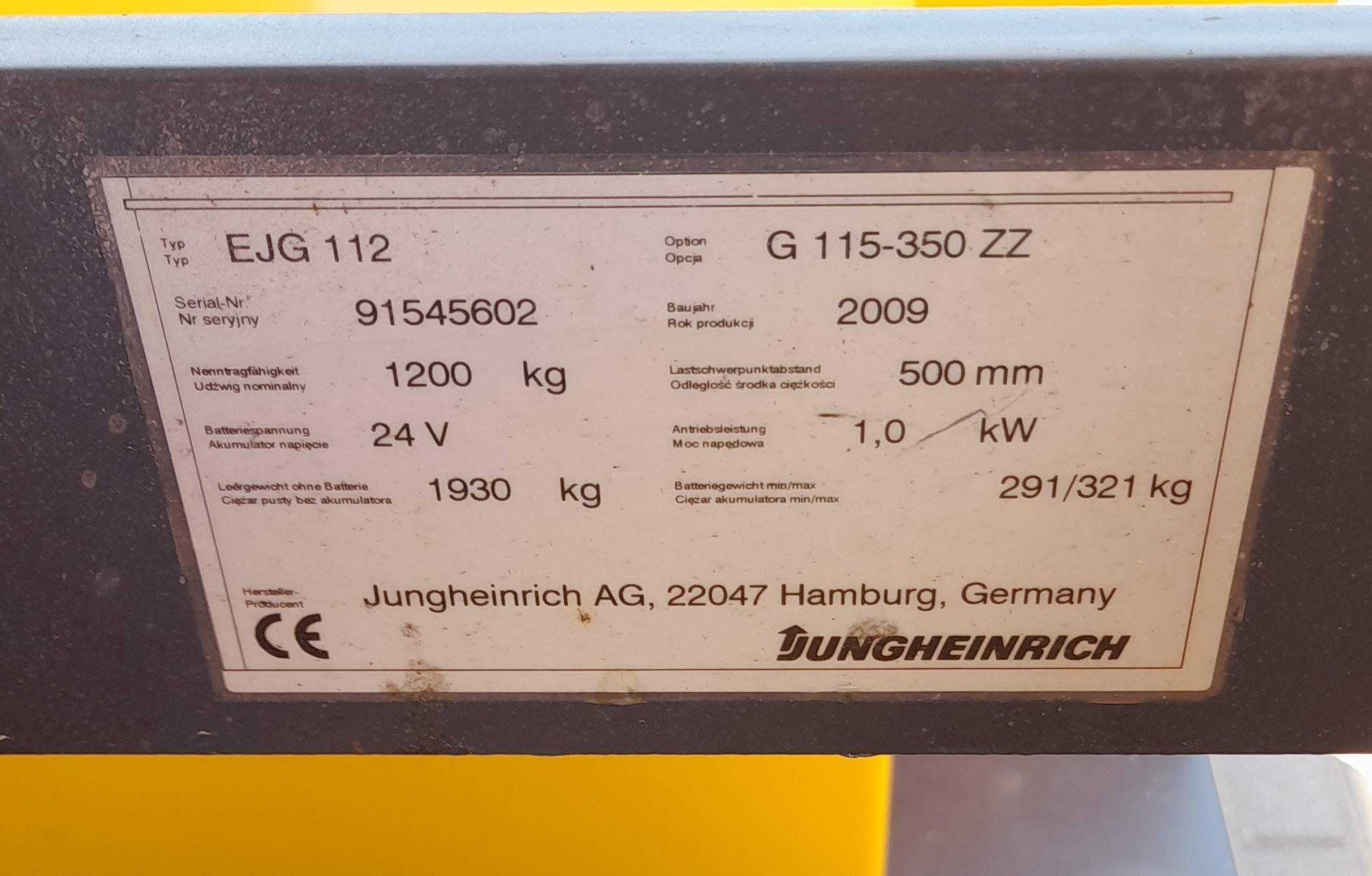 Jungheinrich EJG112-elektryczny,rok 2009,maszt 3500mm,udźwig 1200kg