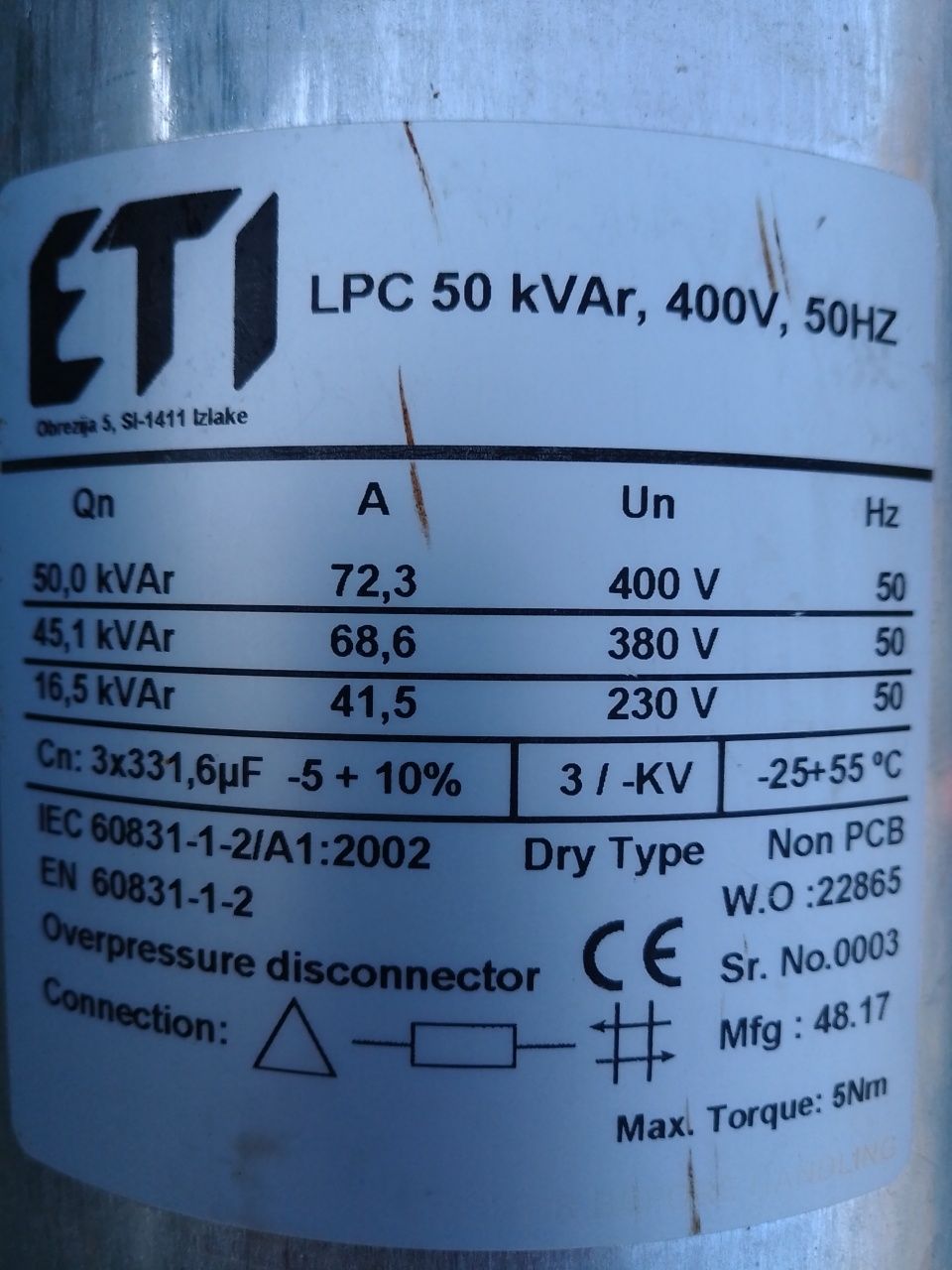 Компенсатор, конденсатор реактивной энергии 50 kVAr. 400 V.