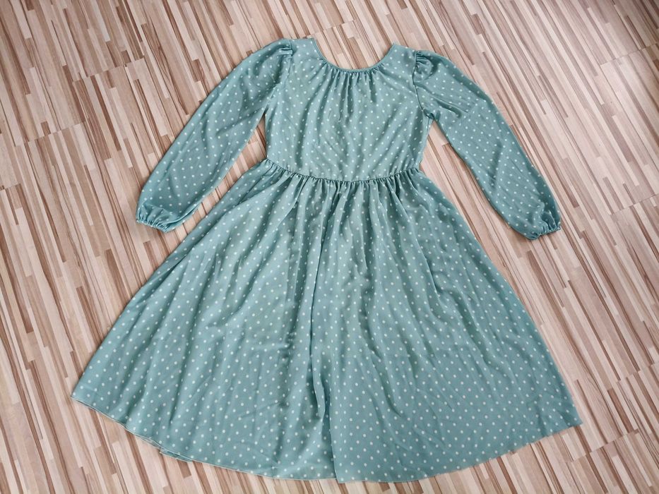 Midi sukienka miętowa w groszki, szyfonowa, M, Emu