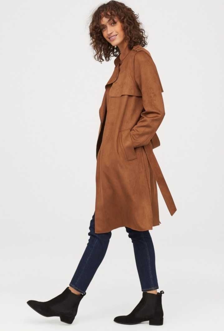H&M długi zamszowy karmelowy płaszcz H&M wiązany oversize