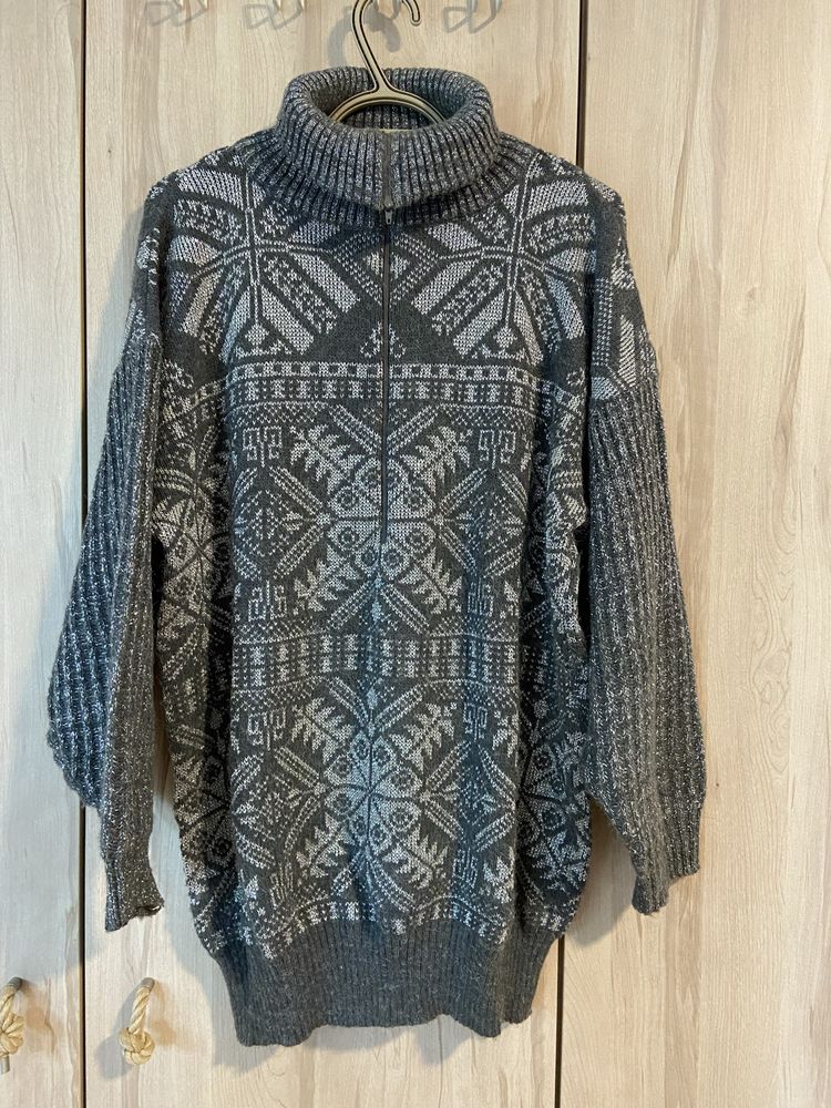 Oui L/52 sweter męski wzorek szary srebrny zamek Vintage