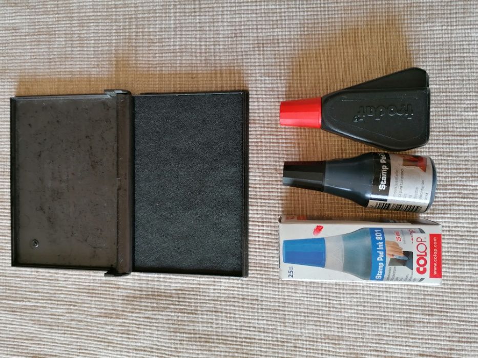 Conjunto de 5 carimbos de escritório, almofada+tinta (Preta,Azul,verme