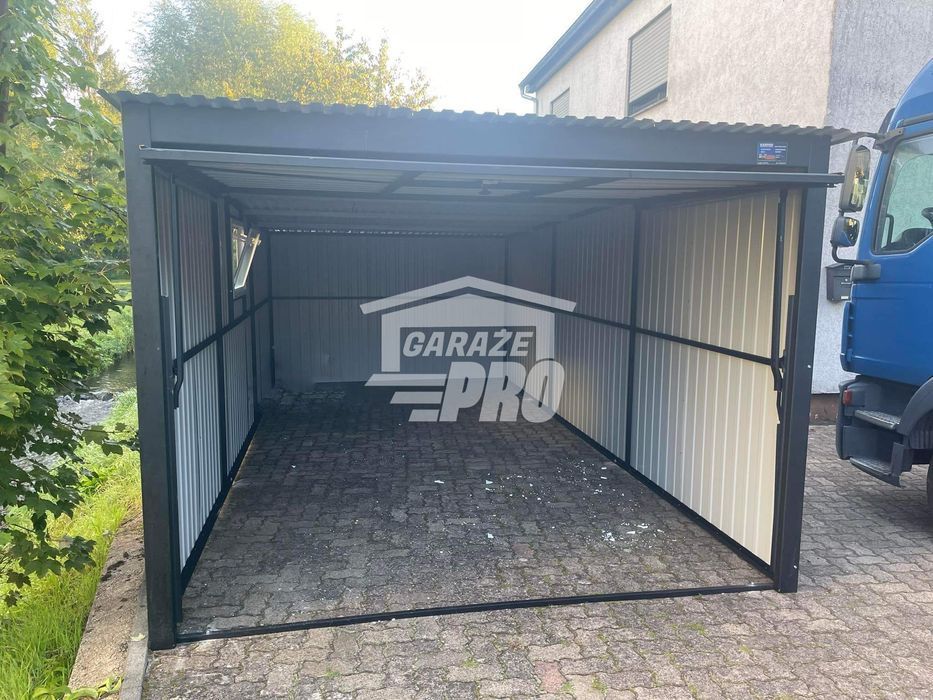 Garaż blaszany 3x7 brama - okno PCV - antracyt spad w tył GP241