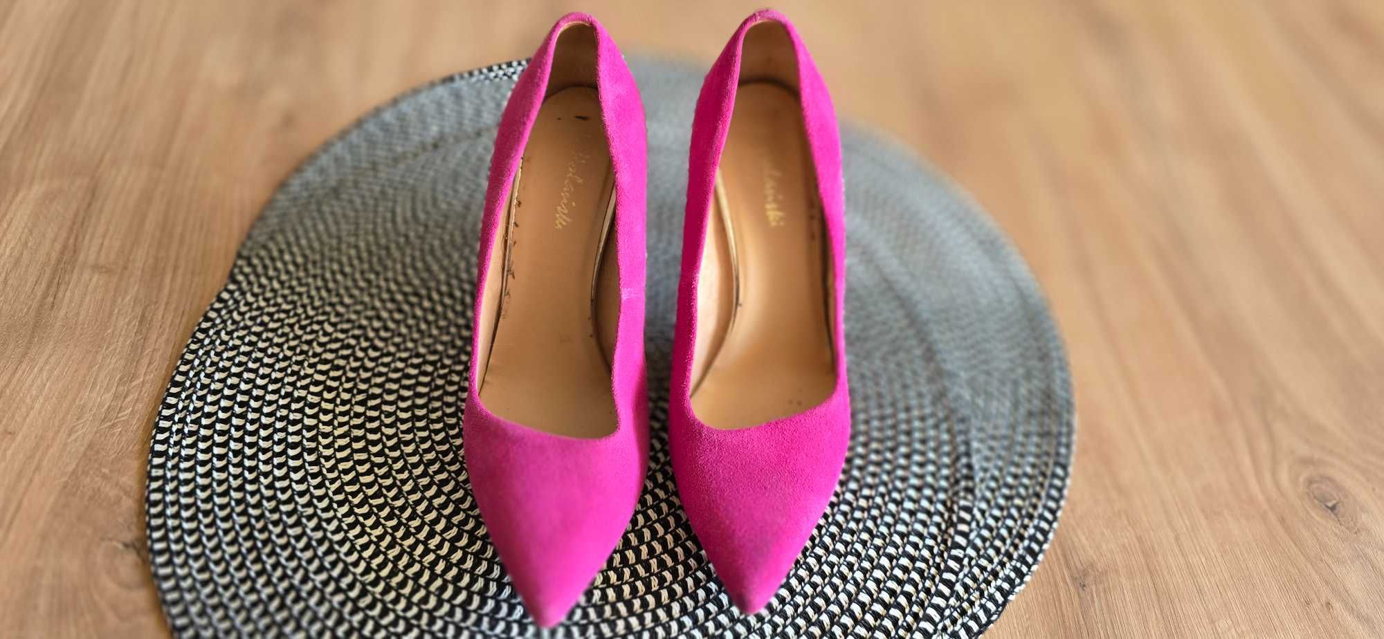 Buty damskie skórzane R.Polański, polskie, różowe szpilki, r.38, ideał