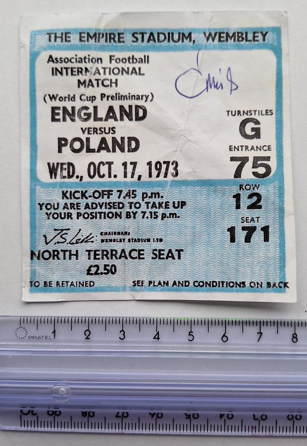 Bilet kolekcjonerski na Wembley 1973 z autografem Rarytas!!!