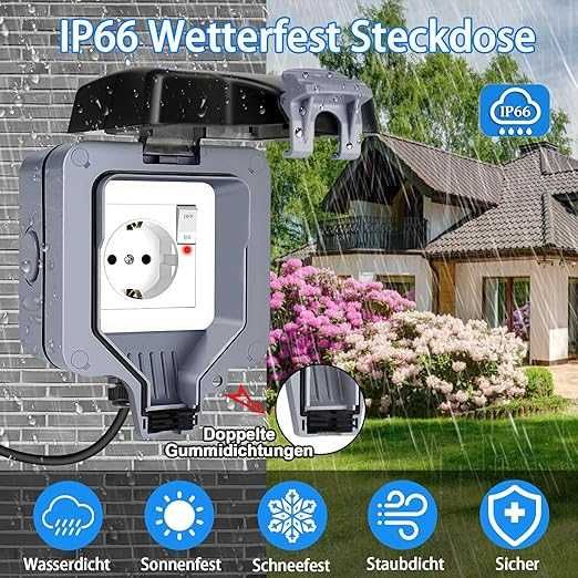 Gniazdko zewnętrzne, wodoszczelne IP66,