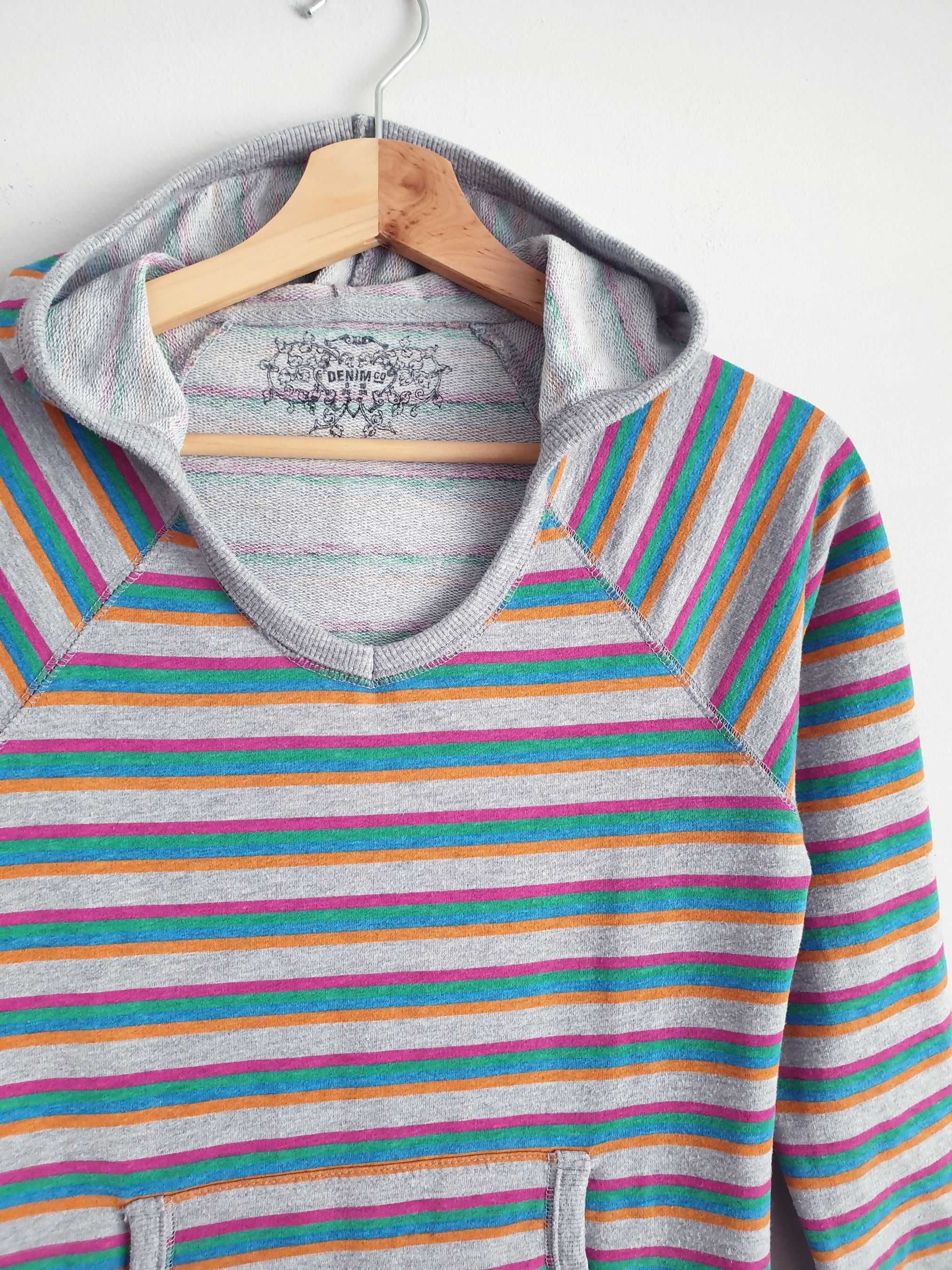 Bluza Z Kapturem Kangurek Hoodie Szary W Kolorowe Paski Y2K 00s Vibe S