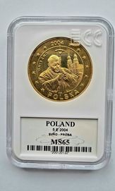 Moneta Jan Paweł II Gniezno 5E euro-proba MS65
