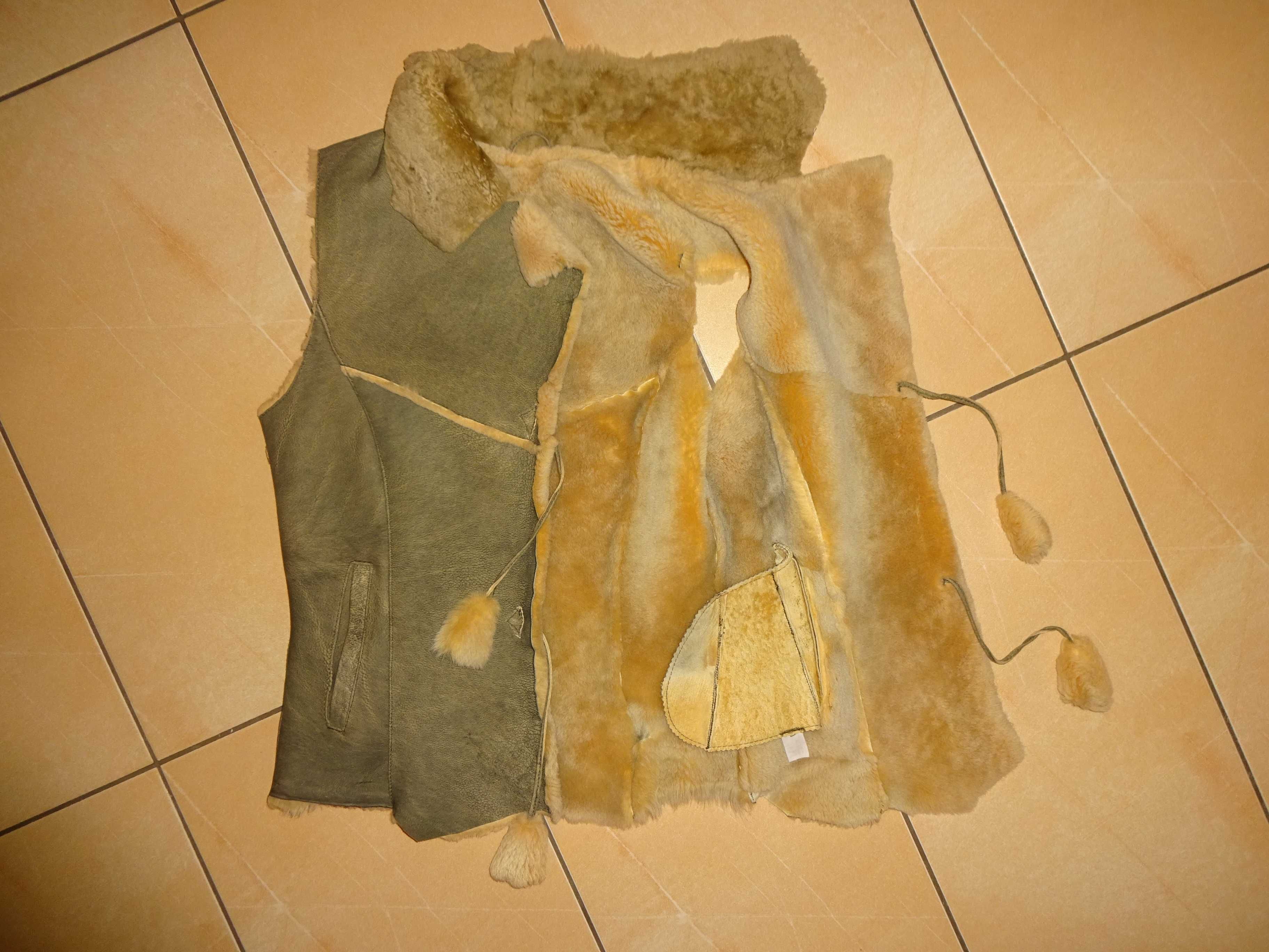 Luksusowa skórzana futrzana futerkowa góralska ciepła kamizelka 36/38