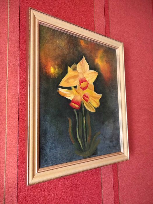 Obraz olejny ręcznie malowany Narcyz,żąkile, Kwiaty + rama