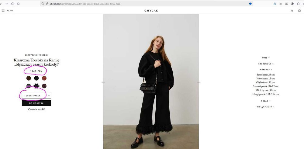 Chylak - Klasyczna Torebka na Ramię „błyszczący czarny krokodyl”