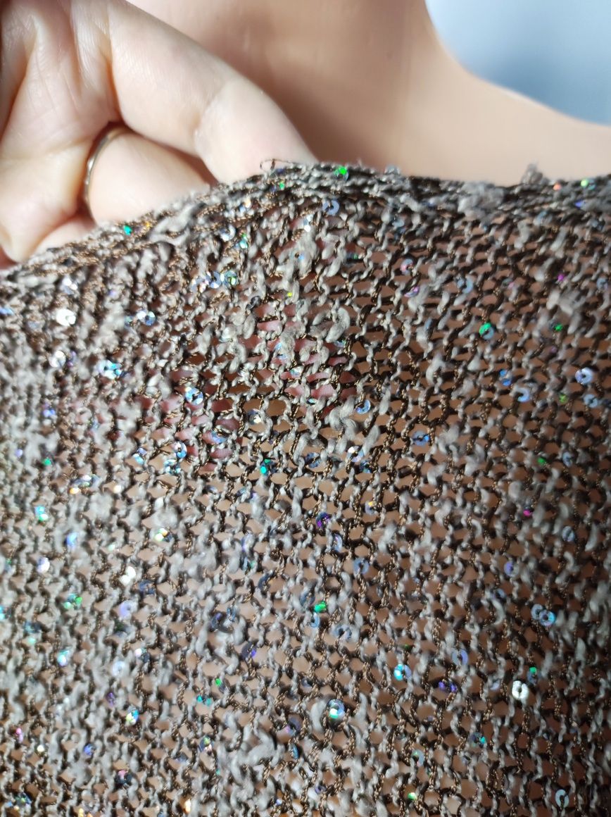 Sweter sweterek oversize brązowy długi rękaw cekiny z cekinami L/XL