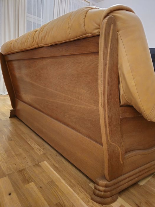 Komplet wypoczynkowy z funkcją spania - drewno i skóra kolor karmelowy