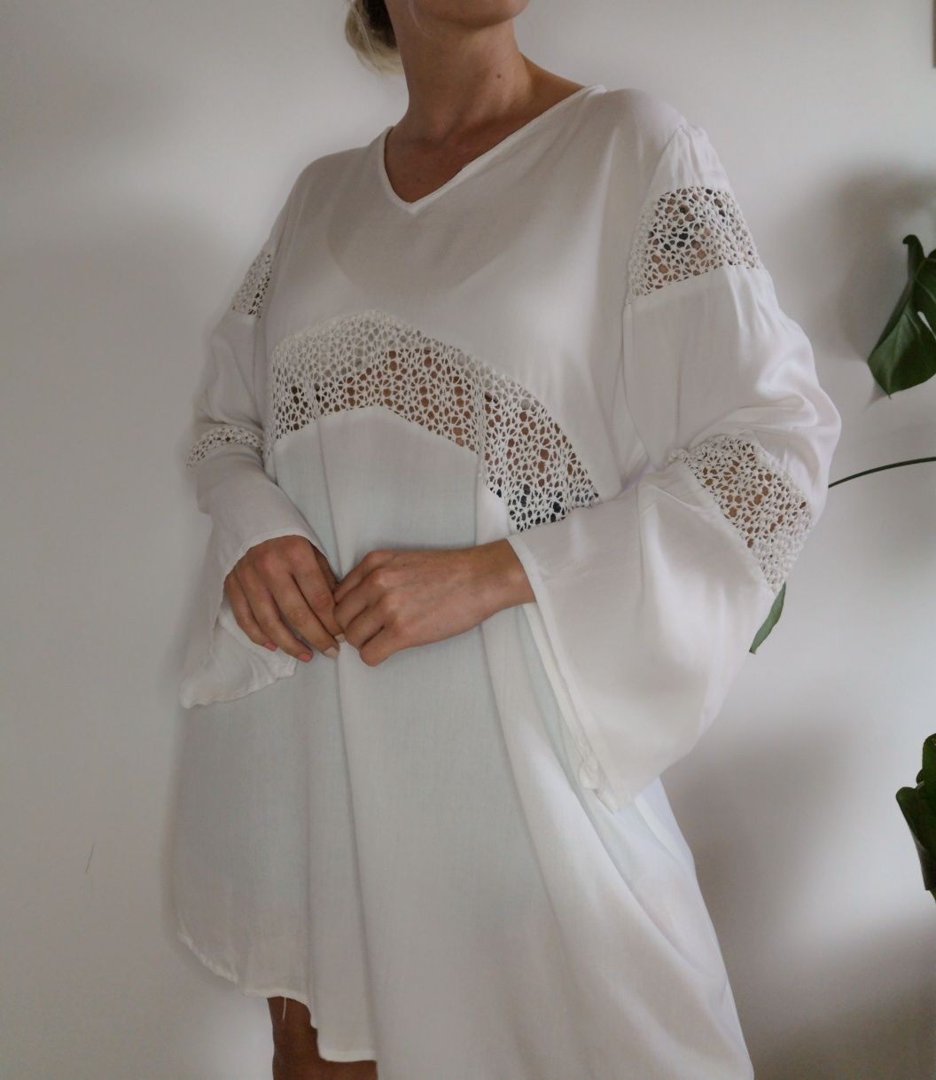 Długa biała koszula oversize boho 100% rayon made in india