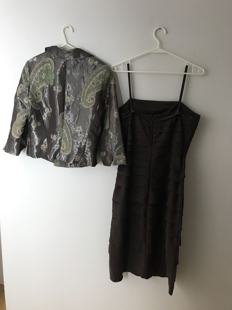 Komplet brązowa elegancka sukienka midi + żakiet kwiaty vintage