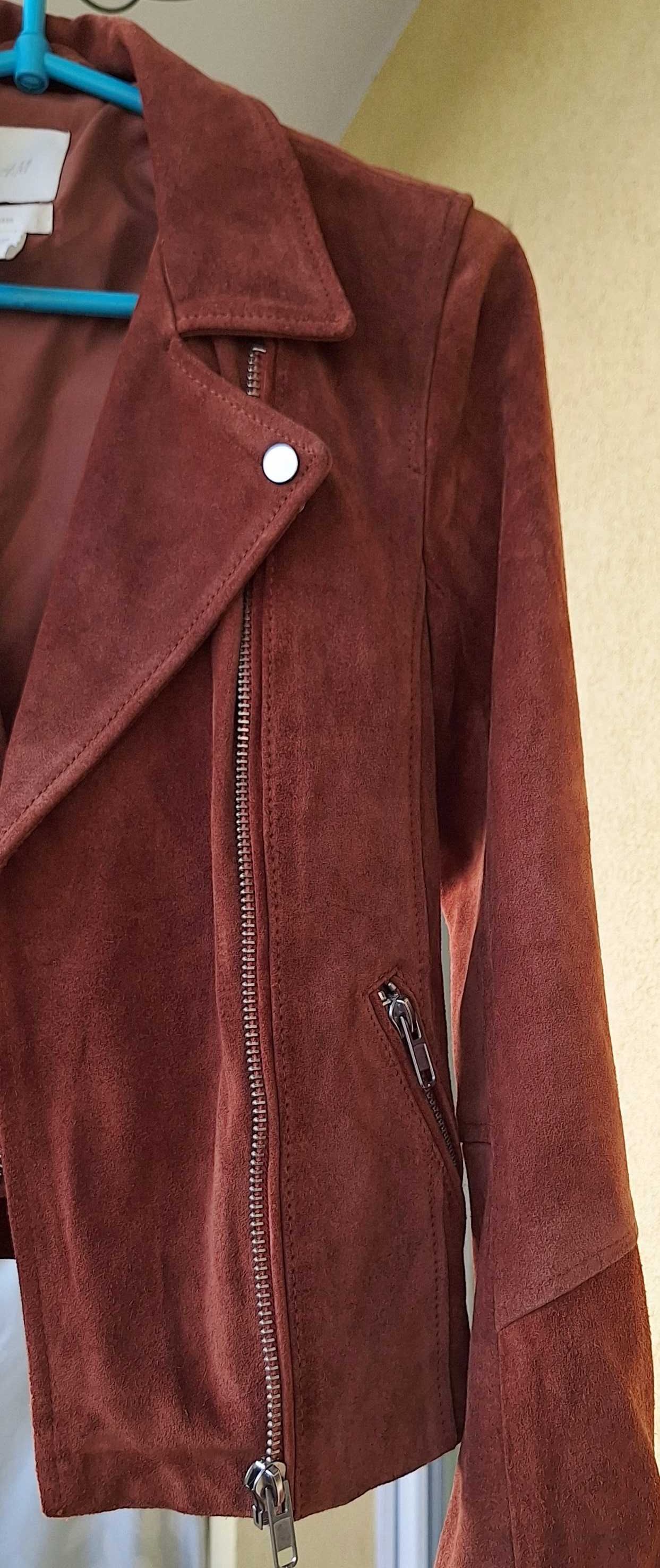 Karmelowa brązowa kurtka zamszowa biker ramoneska H&M skóra koźlęca
