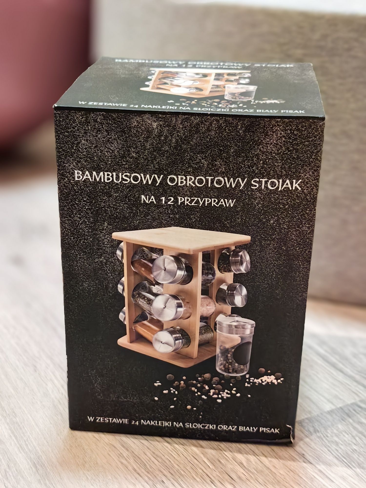 Bambusowy stojak na przyprawy obrotowy kwadratowy nowy