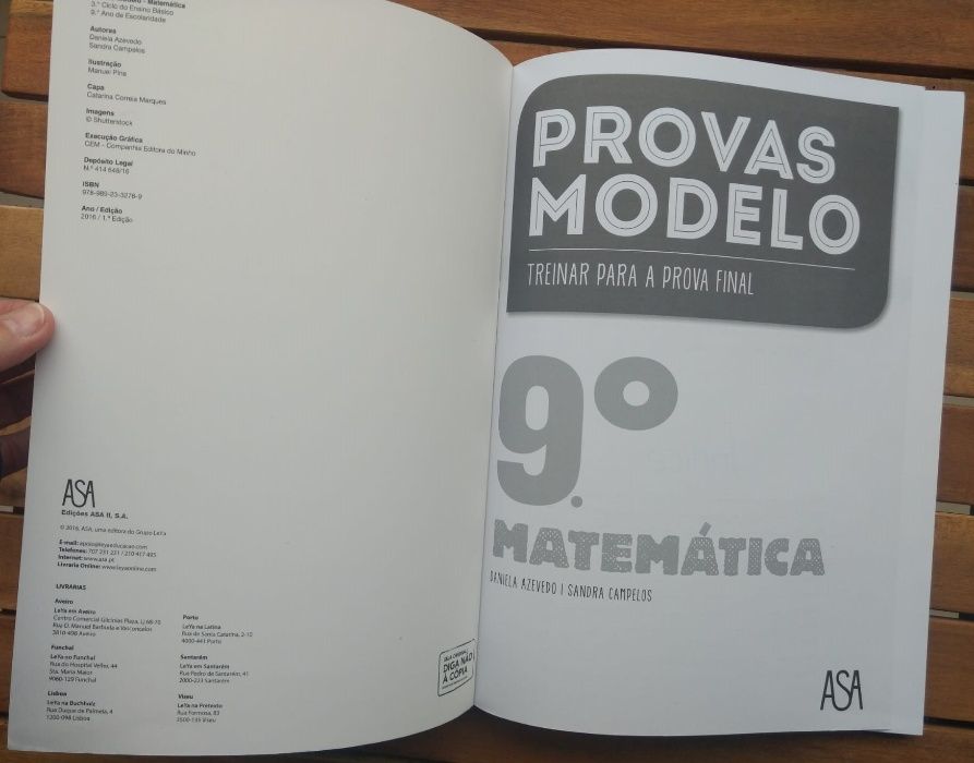"Provas Modelo 9º Ano Matemática 2016" ASA - Ótimo Estado/Preenchido