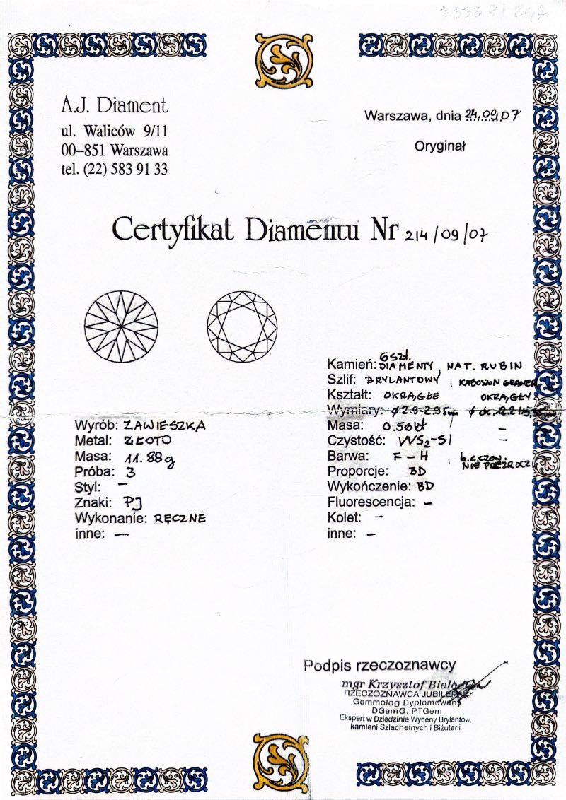 złota zawieszka * gwiazda Dawida * diamenty * rubin * certyfikat