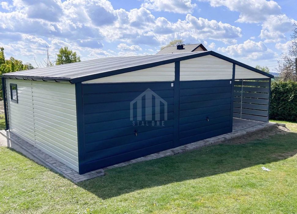 Garaż blaszany 6x6m + wiata 3m - 2x brama okno drzwi dach rynny SO135