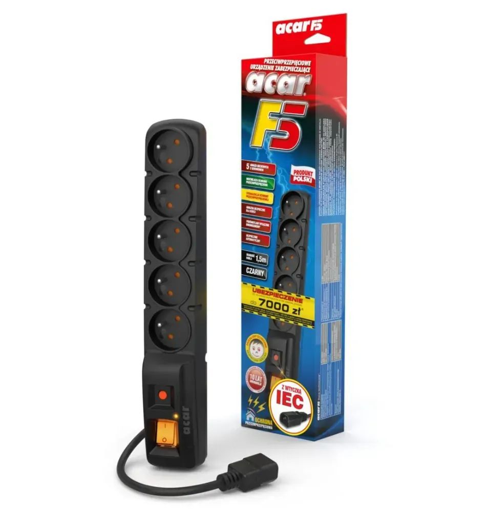 Listwa przedłużacz przeciwprzepięciowy ACAR F5 3m 5 gniazd IEC W0087