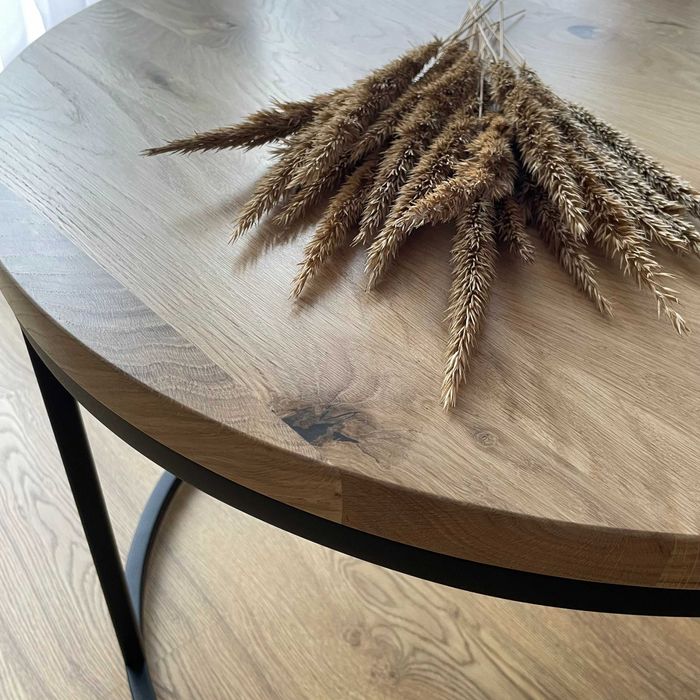 Stolik Kawowy Okrągły Ława 50 Stal Loft Drewno Naturalne Dąb