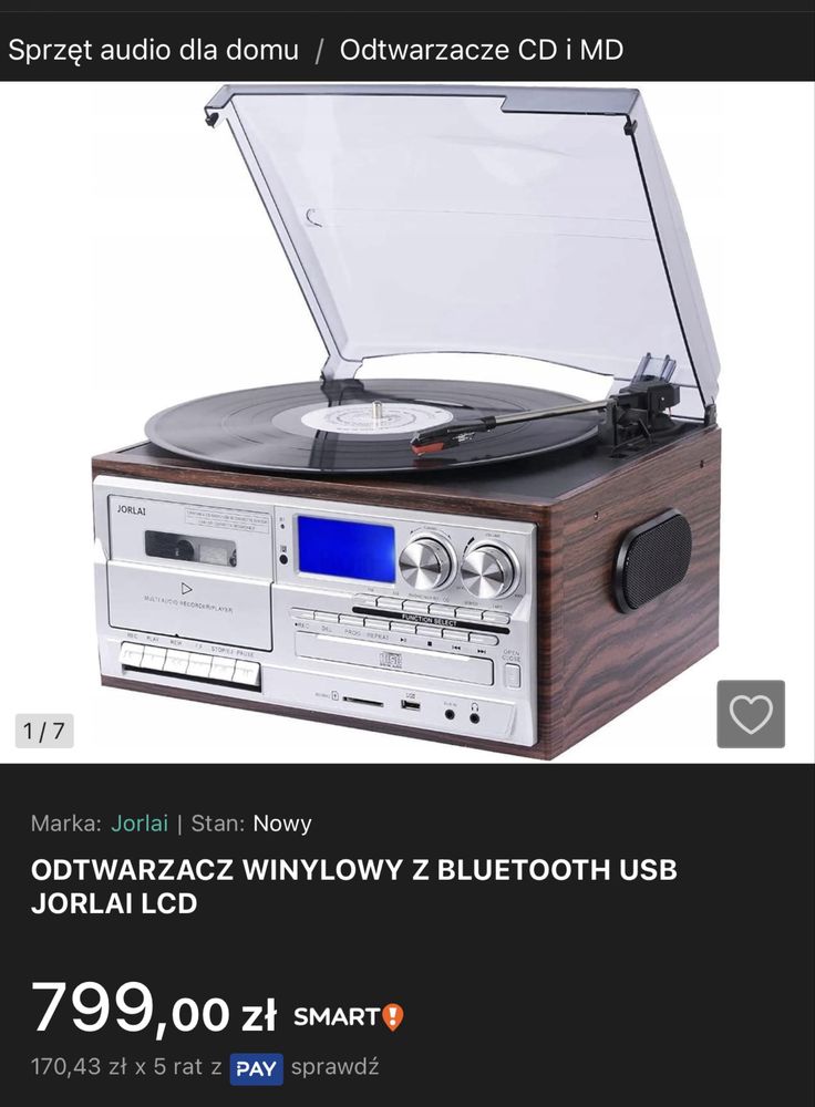 Odtwarzacz winylowy usb bluetooth aux kasety plyty JORLAI