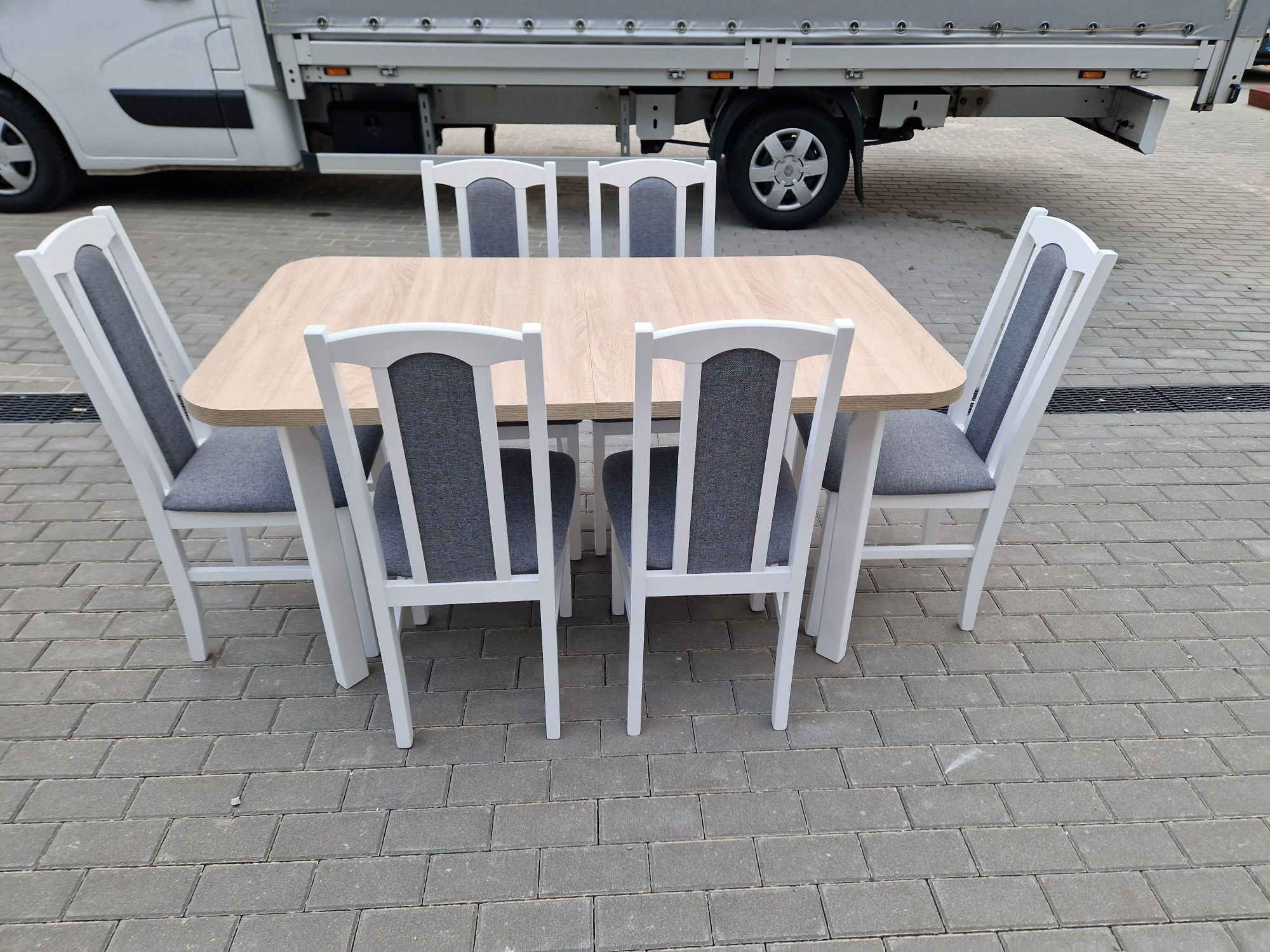 Nowe: Stół rozkładany + 6 krzeseł, bialy/sonoma+szary, dostawa cała PL