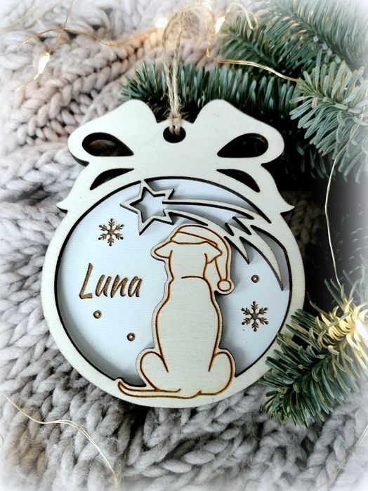 Personalizowana bombka drewniana z kotem / psem GRAWER