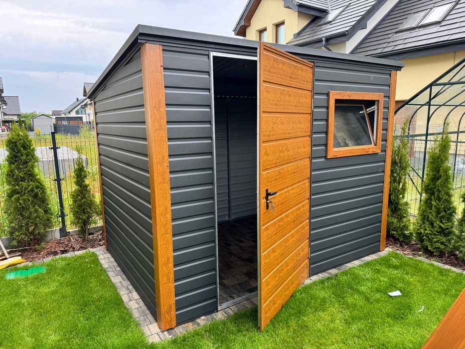 Garaż blaszany/schowek ogrodowy 3x2m, grafit + złoty dąb, profil ocynk