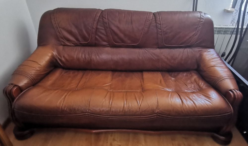 Drewniane meble vintage + skórzany zestaw kolekcji Kler