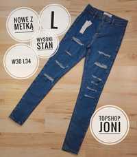 Topshop Joni W30 L34 jeansy elastyczne wysoki stan rozdarcia dziurami