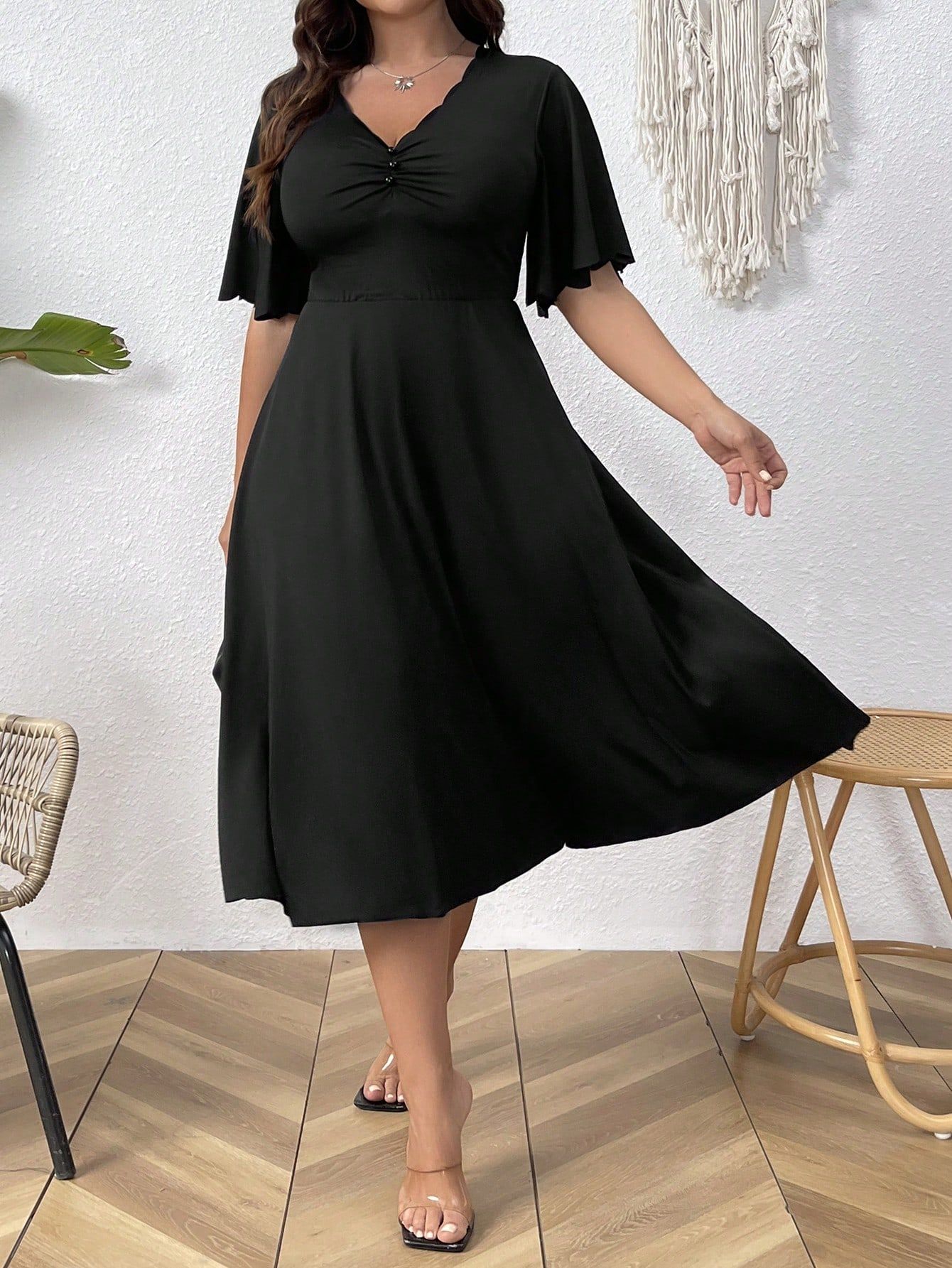 Sukienka Midi Rozkloszowana Elegancka Wizytowa Czarna Shein 4Xl 48