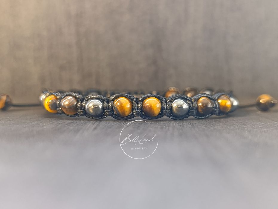 Męska bransoletka z tygrysim okiem i hematytem - handmade
